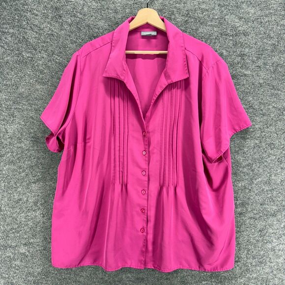 Essentials Shirt Women 3X Plus Pink Button Up Collared Short Sleeve Pleated - Picture 1 of 7